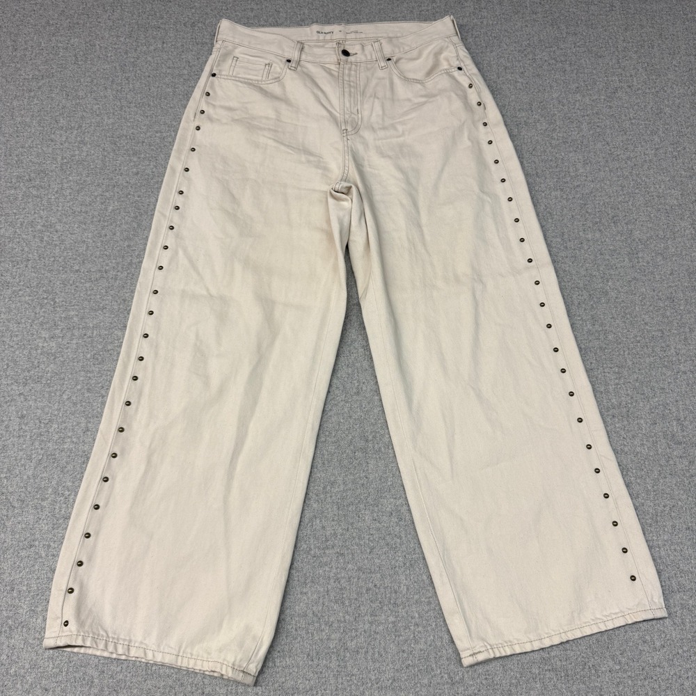Old Navy High-Rise Baggy Wide Leg Pants Size 12 Beige Studded Side Seam Denim